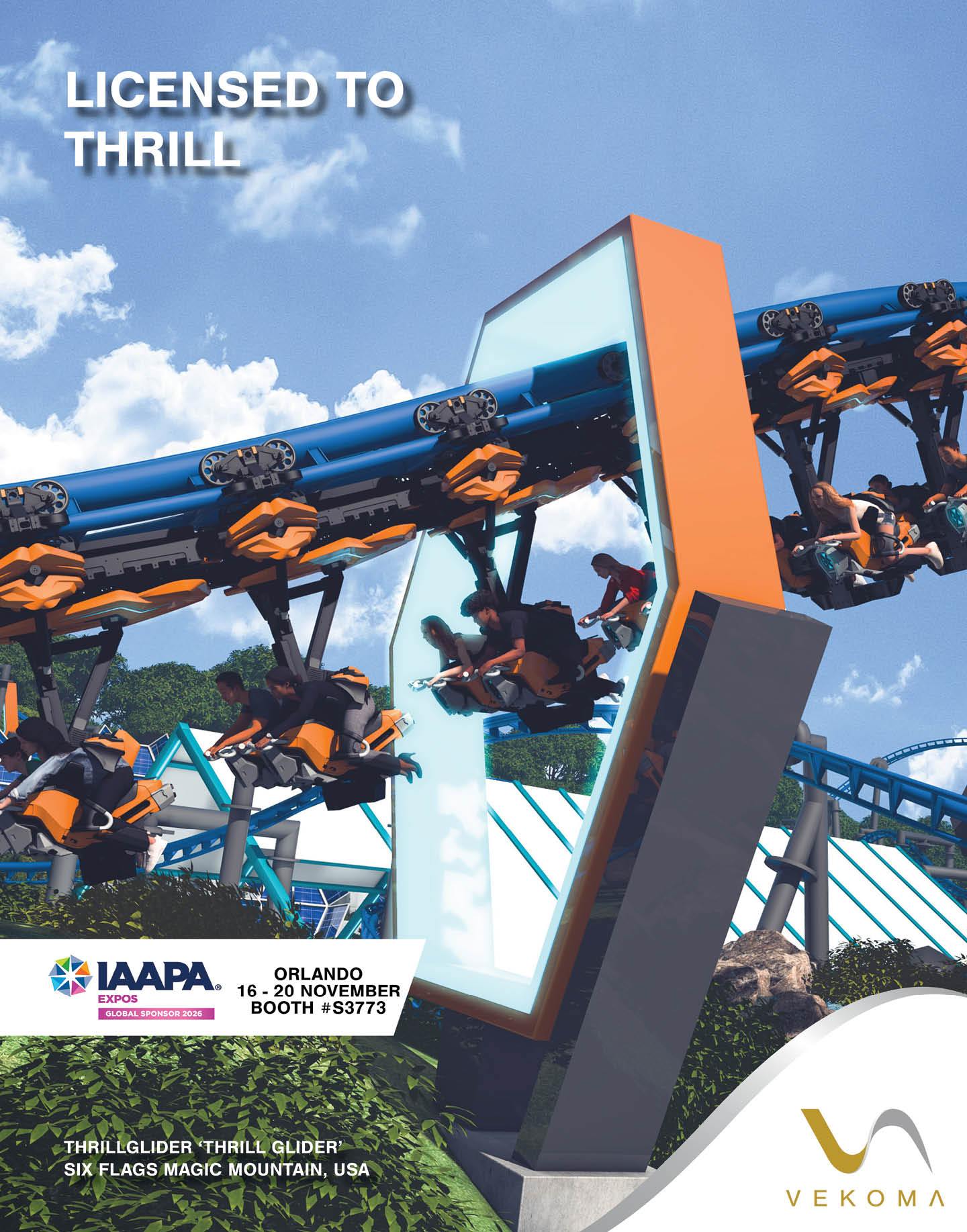 People are riding an inverted roller coaster with blue tracks and orange supports against a partly cloudy sky, with a large mirror reflecting the ride and promotional text for an amusement expo and the Vekoma logo. Description generated by AI