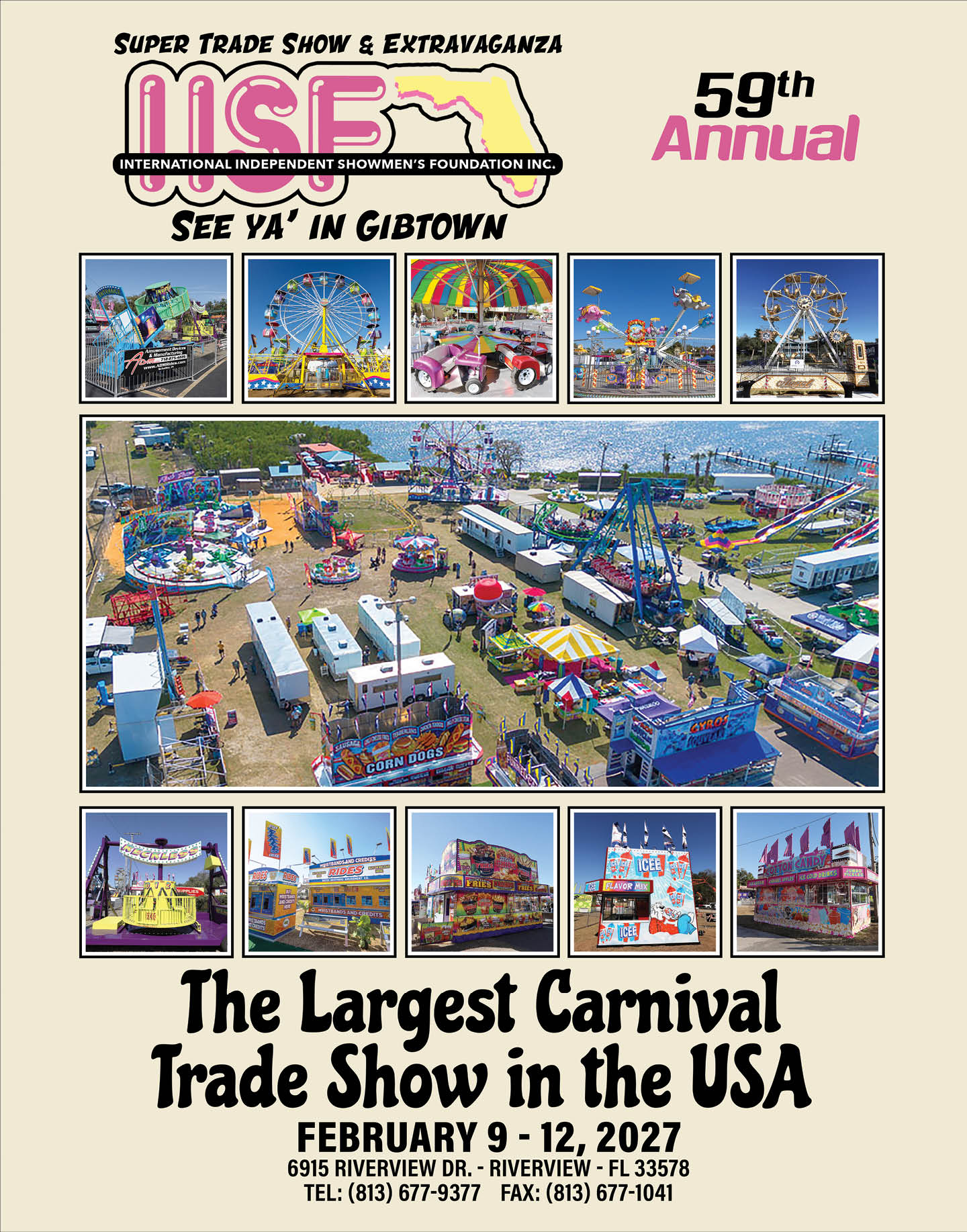 A colorful promotional flyer for the 59th Annual International Independent Showmen's Foundation carnival trade show featuring aerial and close-up photos of carnival rides, booths, and trailers set up in an outdoor fairground. Description generated by AI