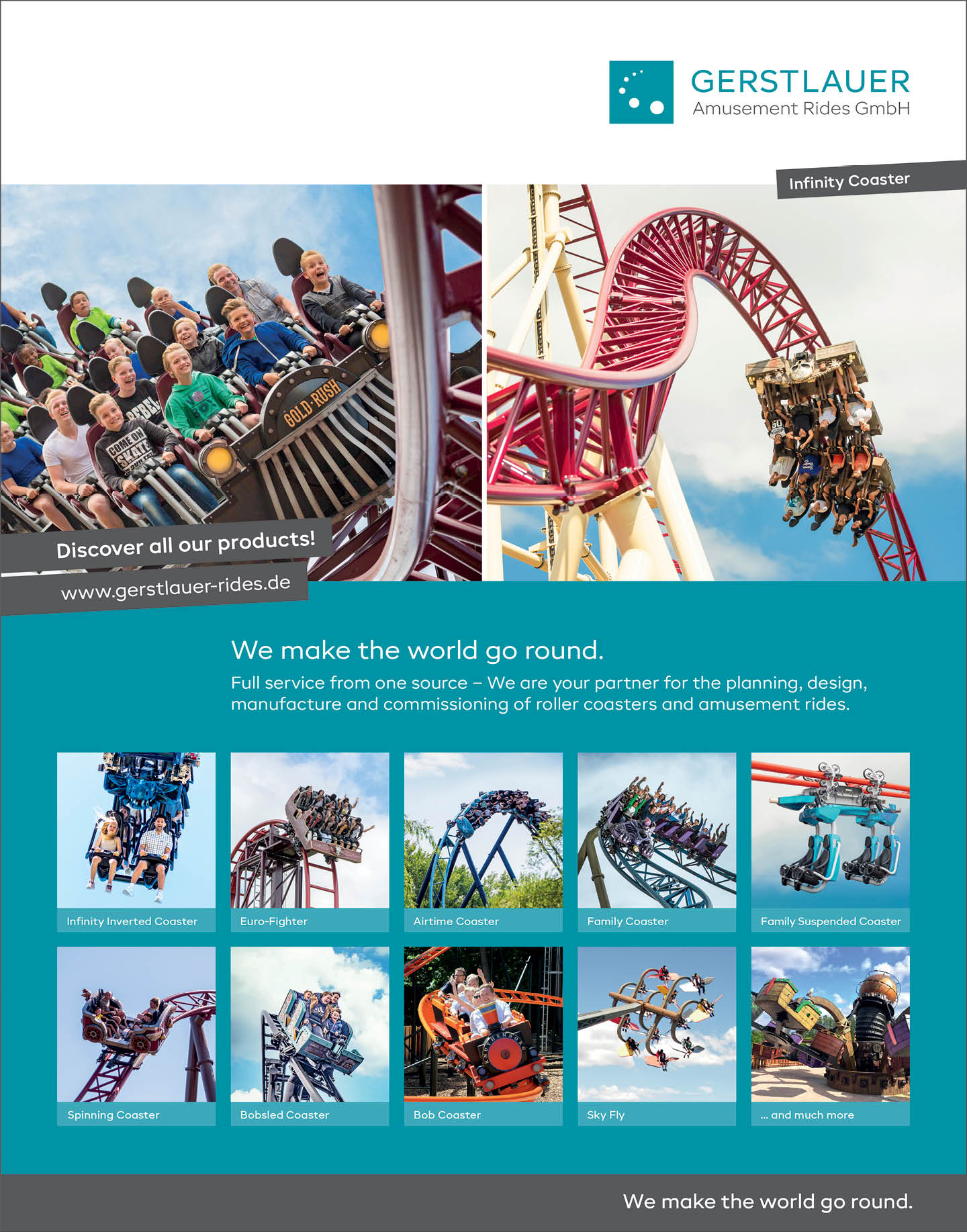 Adults and children are enjoying various thrilling roller coasters and amusement rides in a promotional collage for Gerstlauer Amusement Rides GmbH. Description generated by AI