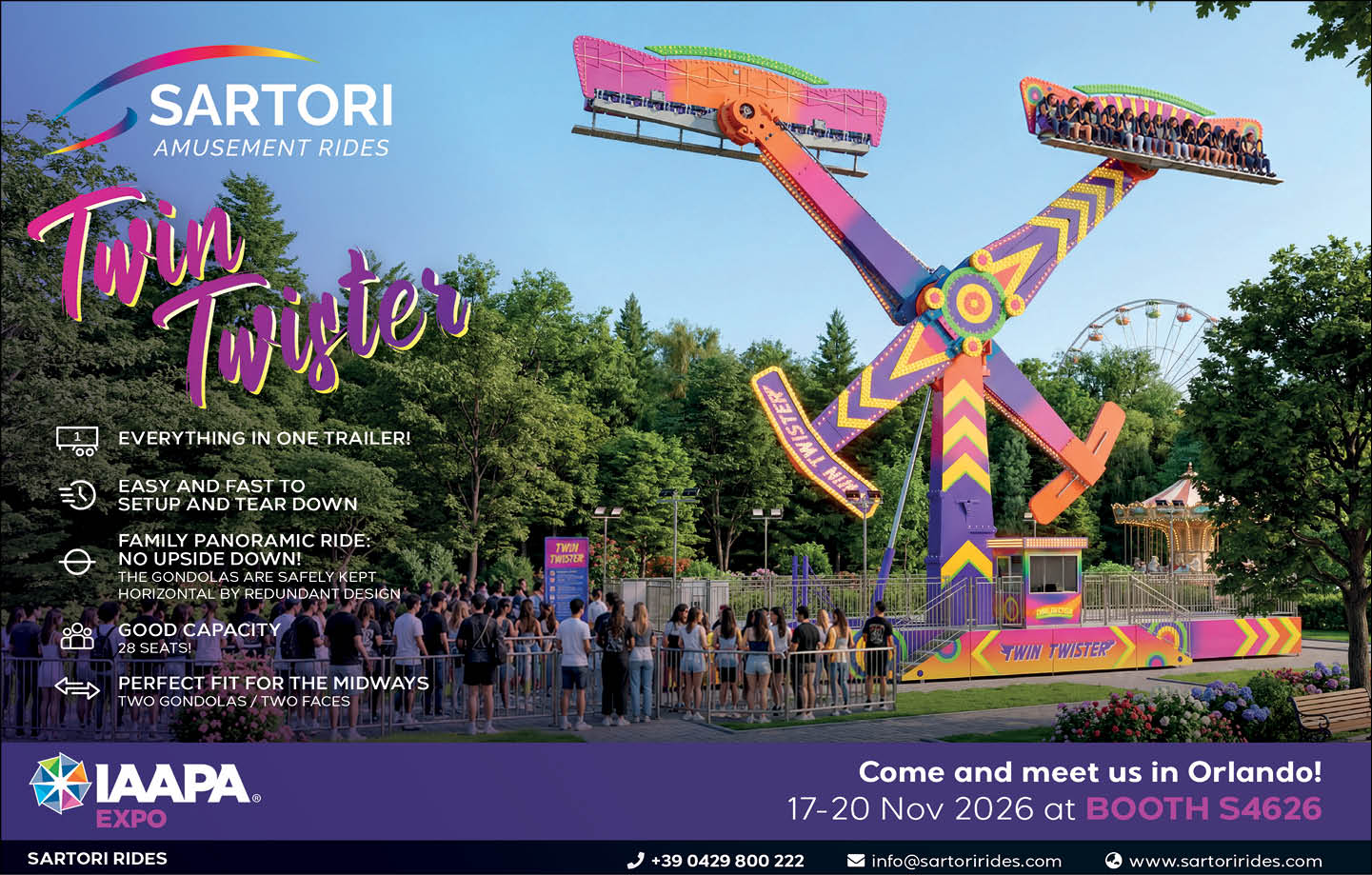 A colorful amusement ride called Twin Twister with people seated on two gondolas is spinning and swinging above a crowd of people at an outdoor fair with trees and other rides in the background. Description generated by AI