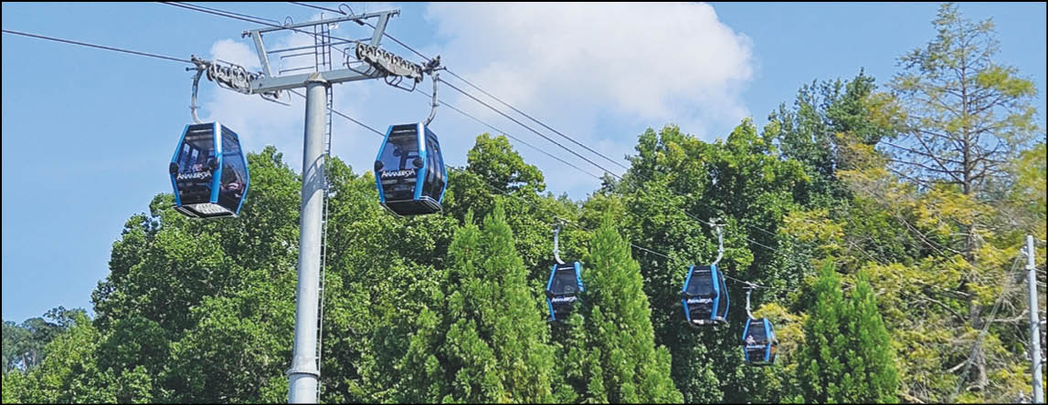 A series of blue cable cars are suspended on cables above green trees under a partly cloudy sky. Description generated by AI