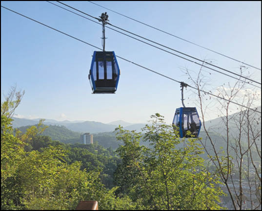 Two blue cable cars are suspended on cables above a green forested area with mountains and a building visible in the background under a clear sky. Description generated by AI