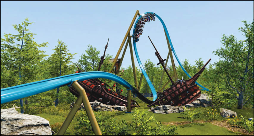 A roller coaster with blue tracks is shown in a forested area with people riding it as it loops upside down. Description generated by AI