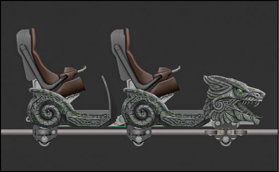 A two-seater roller coaster car designed with intricate stone-like carvings and a dragon head at the front, featuring brown cushioned seats and safety bars. Description generated by AI