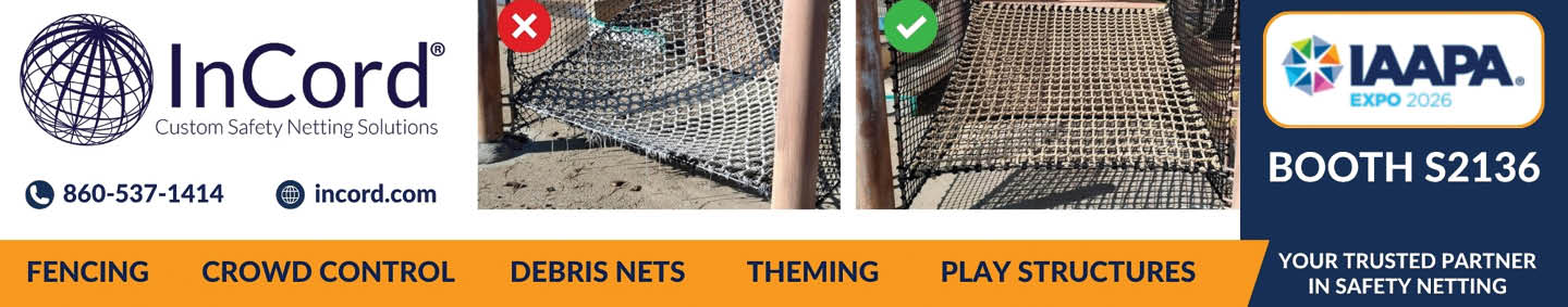A promotional banner for InCord Custom Safety Netting Solutions featuring fencing, crowd control, debris nets, theming, and play structures with contact information and IAAPA Expo 2026 booth details. Description generated by AI