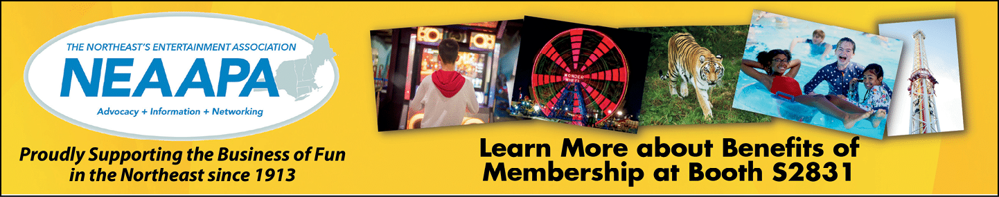 A colorful banner for the Northeast's Entertainment Association promotes supporting fun businesses in the Northeast since 1913 and invites viewers to learn about membership benefits at a booth, featuring images of a dartboard, a tiger, children playing, and a prize wheel. Description generated by AI