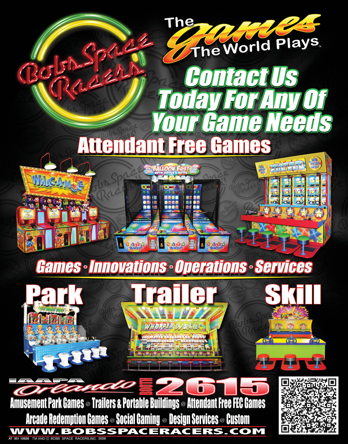 Colorful advertisement for Bob's Space Racers promoting free attendant games, arcade machines for park, trailer, and skill setups, with contact information and a website. Description generated by AI
