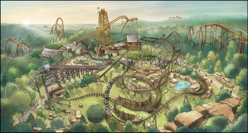 A detailed illustration of a large amusement park featuring multiple roller coasters, winding tracks, a water ride, and lush greenery surrounding the attractions. Description generated by AI