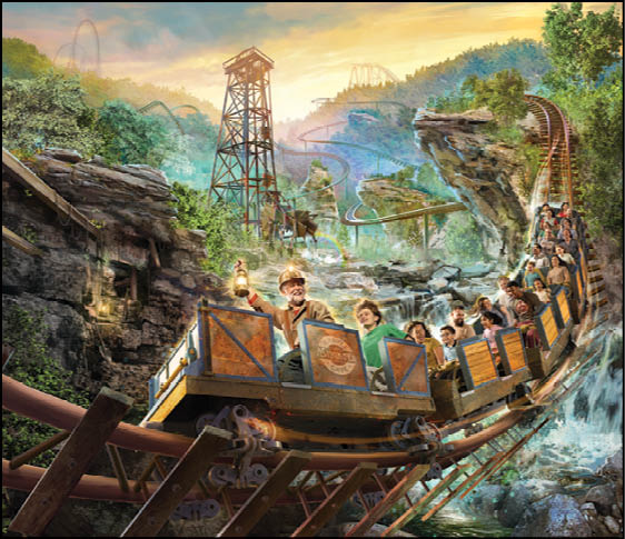 People riding a wooden roller coaster through a lush, mountainous landscape with a person in the front holding a lantern and smiling. Description generated by AI