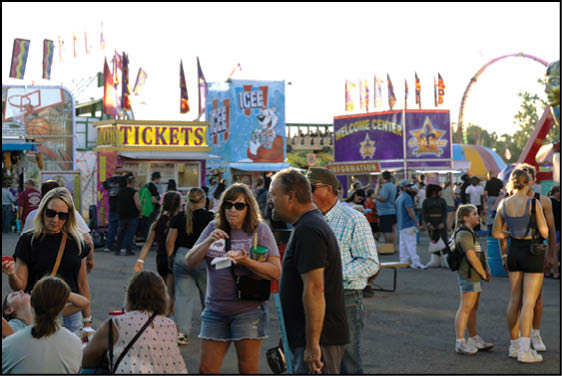 People are walking and standing near colorful booths and flags at an outdoor fair or carnival during daylight. Description generated by AI