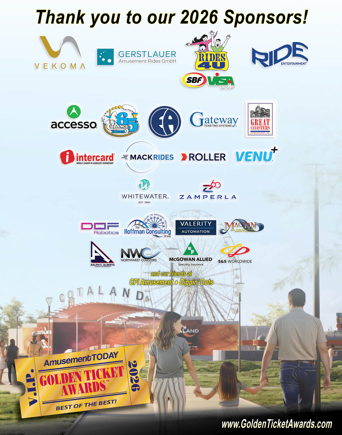 A family of three holding hands walks toward an amusement park entrance under a sky with logos of various sponsors and a banner for the 2026 Golden Ticket Awards. Description generated by AI
