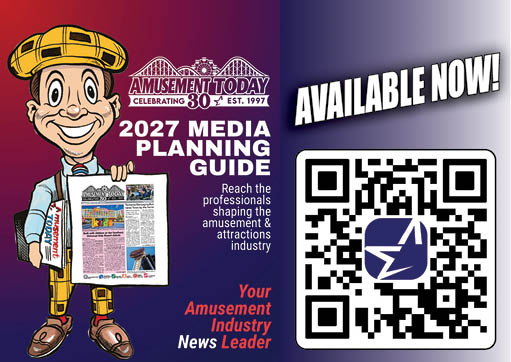 A cartoon person wearing a yellow hat and suspenders holds a newspaper next to text promoting the 2027 Amusement Today media planning guide with a QR code and the phrase available now. Description generated by AI