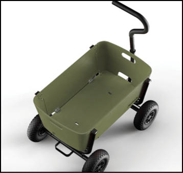 A green utility cart with four black wheels and a black handle is shown on a white background. Description generated by AI