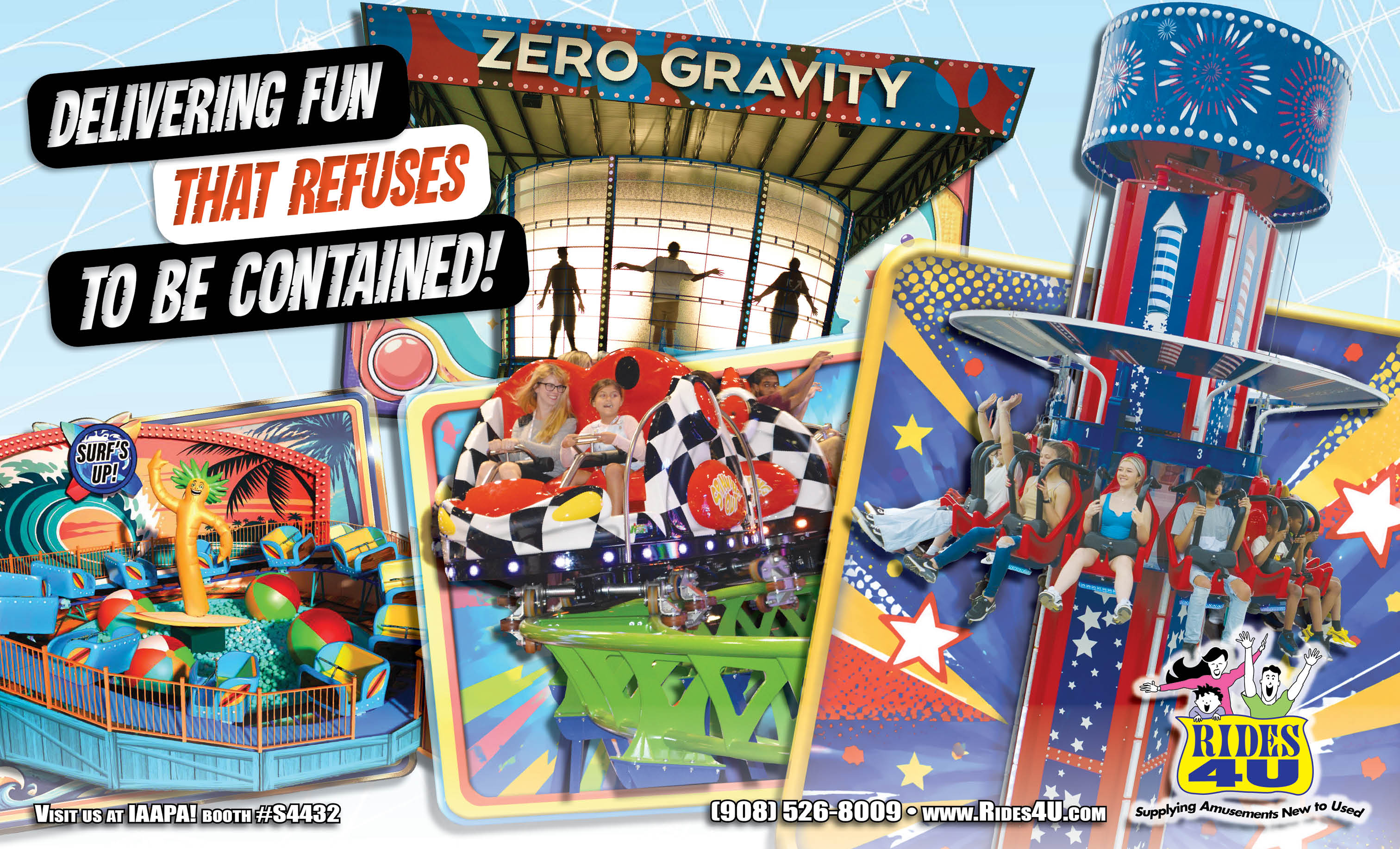 Adults and children enjoy colorful amusement park rides with vibrant lights and signs promoting fun and excitement. Description generated by AI