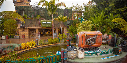 Star Wars Trading Post at Downtown Disney District in Anaheim, California, is the go-to place for all things Star Wars  The design is inspired by a hidden jungle Resistance base and the merchandise offers something for every traveler on their galactic journey  Here, guests will find a number of goods, including a Paddy Frog light-up sipper and Child-inspired streetwear collection, including t-shirts, leggings, hats and more inspired by  The Mandalorian  series on Disney+  (Christian Thompson Disneyland Resort) 