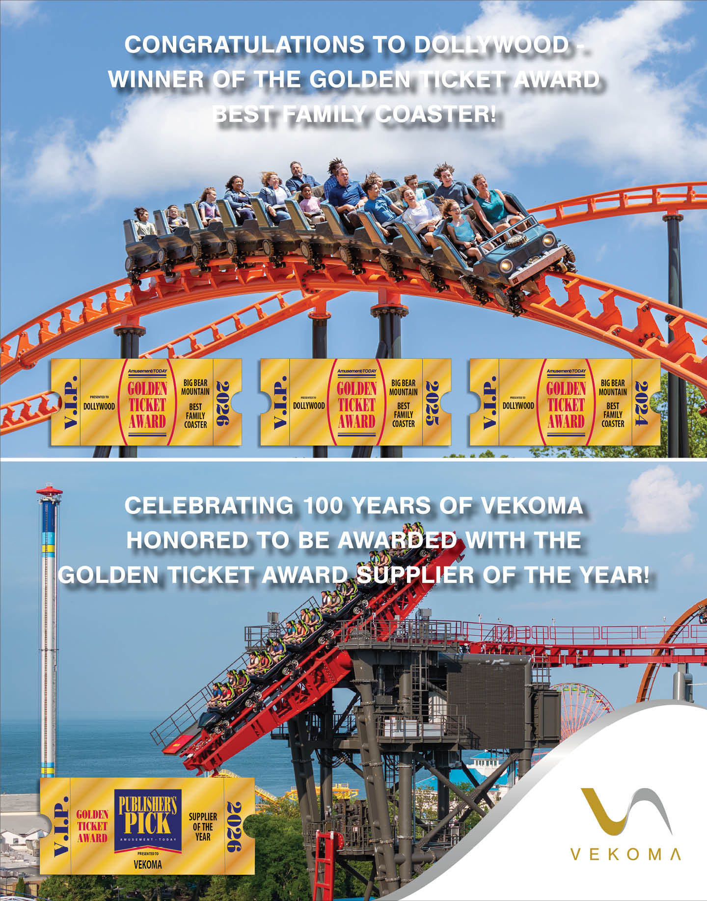 Adults riding a roller coaster on an orange track with text celebrating DollyWood's Golden Ticket Award for Best Family Coaster and Vekoma's 100 years as a Golden Ticket Award supplier. Description generated by AI