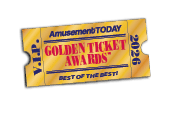 A golden ticket styled like an award certificate with the text Amusement TODAY Golden Ticket Awards 2026 V.I.P. Best of the Best. Description generated by AI