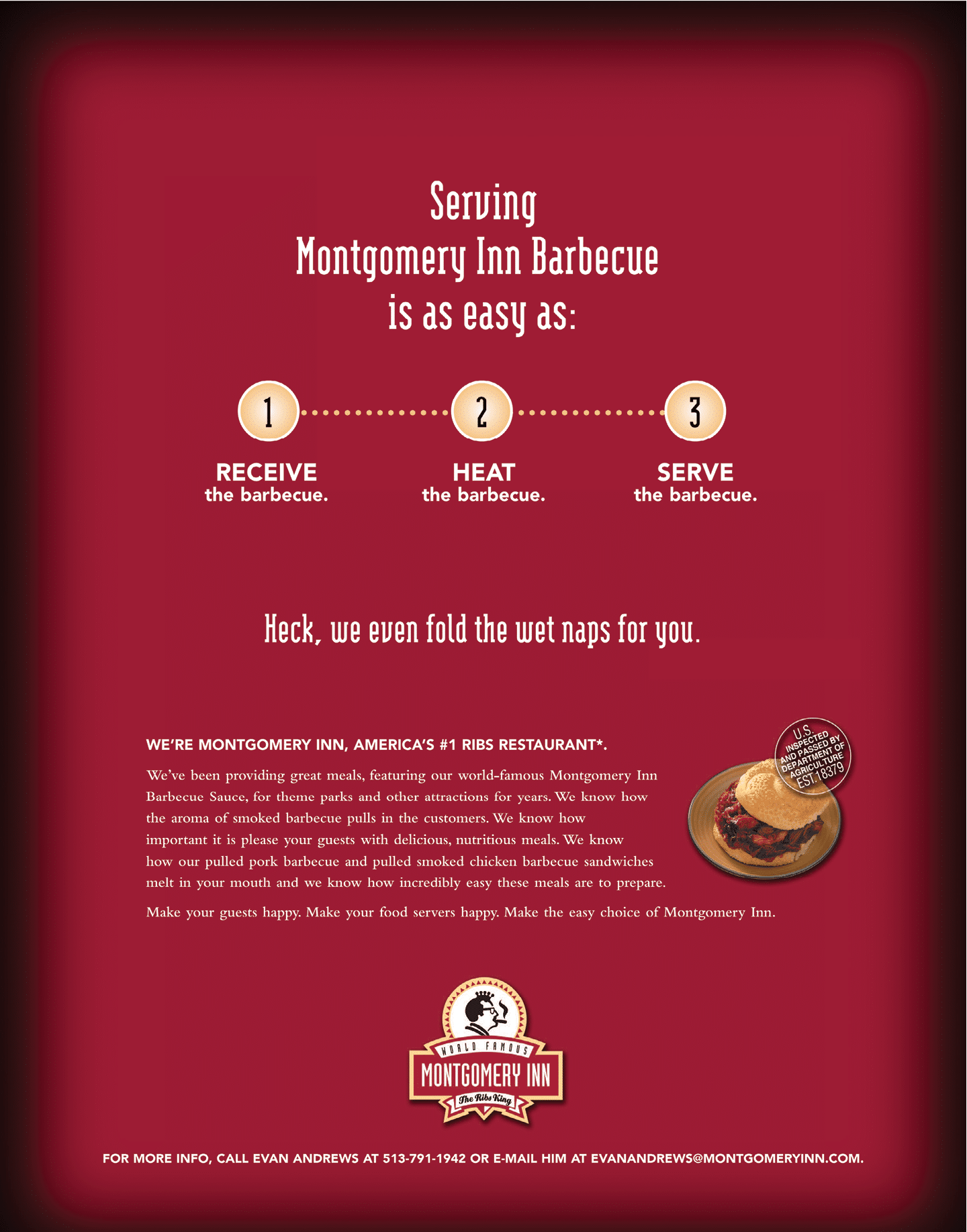 Instructions for serving Montgomery Inn Barbecue with steps to receive, heat, and serve the barbecue, along with a note about folding wet naps and a brief description of the restaurant's history and contact information. Description generated by AI