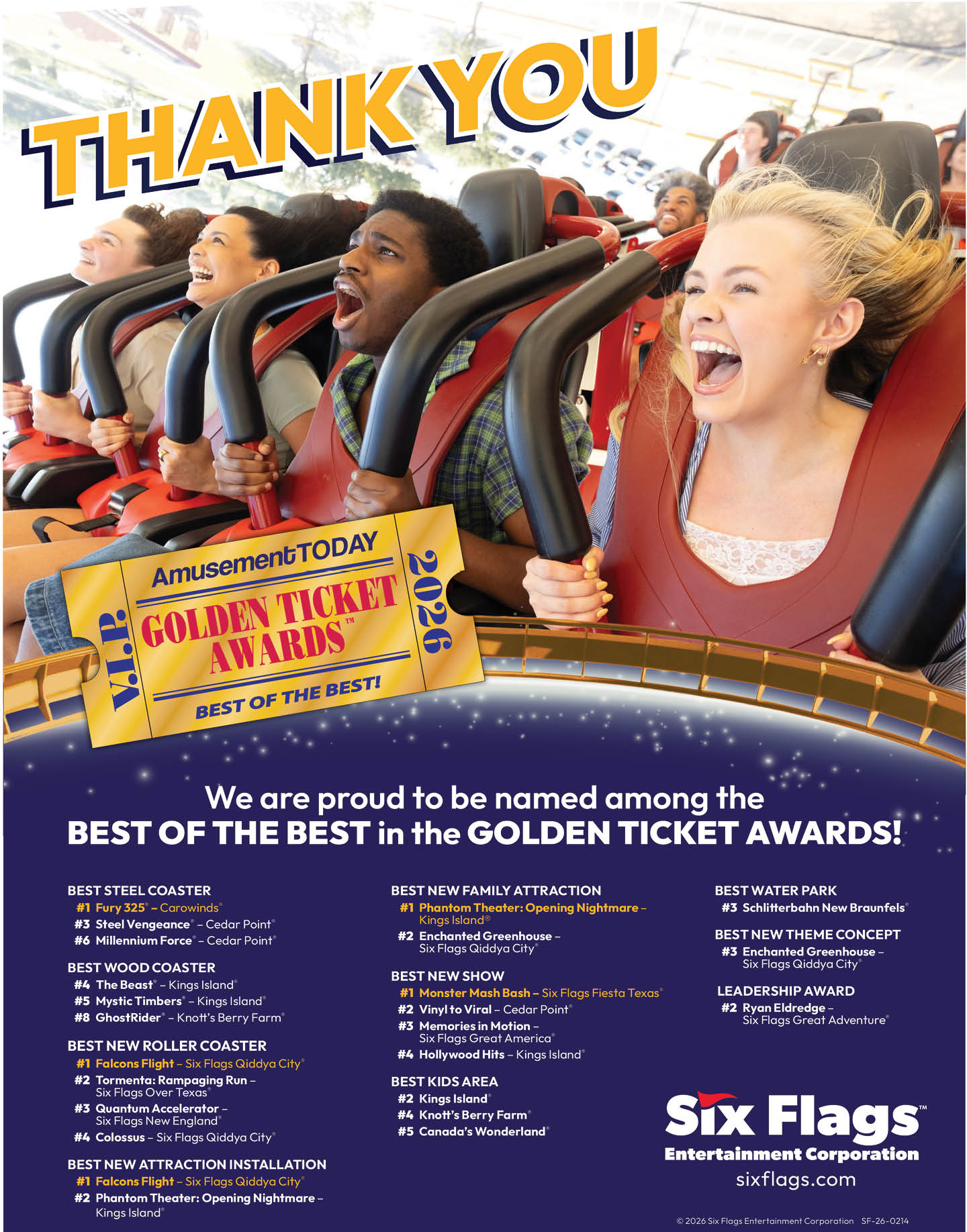 A group of excited people are riding a roller coaster with a large golden ticket graphic and text celebrating Six Flags winning the Golden Ticket Awards for best steel coaster, family attraction, water park, new concept, and landscaped award. Description generated by AI