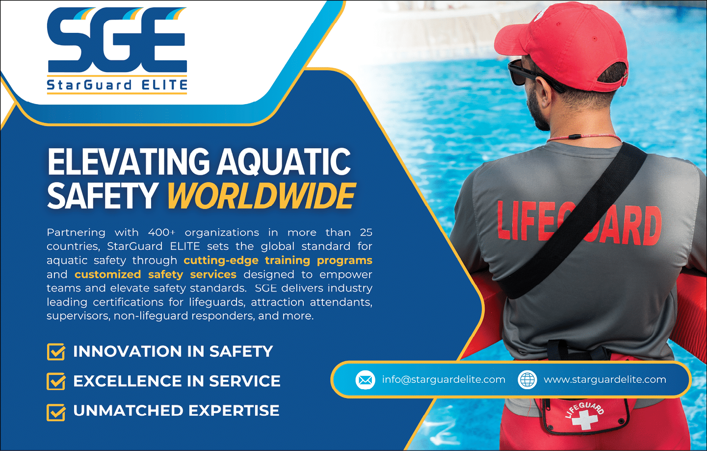 A person wearing a red cap and a gray shirt with “LIFEGUARD" printed on the back stands near a pool next to a graphic promoting StarGuard ELITE's aquatic safety training and services worldwide. Description generated by AI