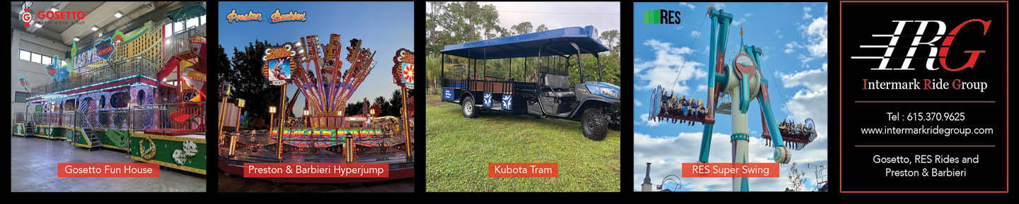 Four colorful images show a Goosetto Fun House ride, a Preston & Barbieri Hyperjump amusement ride with people, a Kubota Tram vehicle on grass, and a RES Super Swing ride with two people swinging, alongside a black advertisement panel for Intermark Ride Group. Description generated by AI