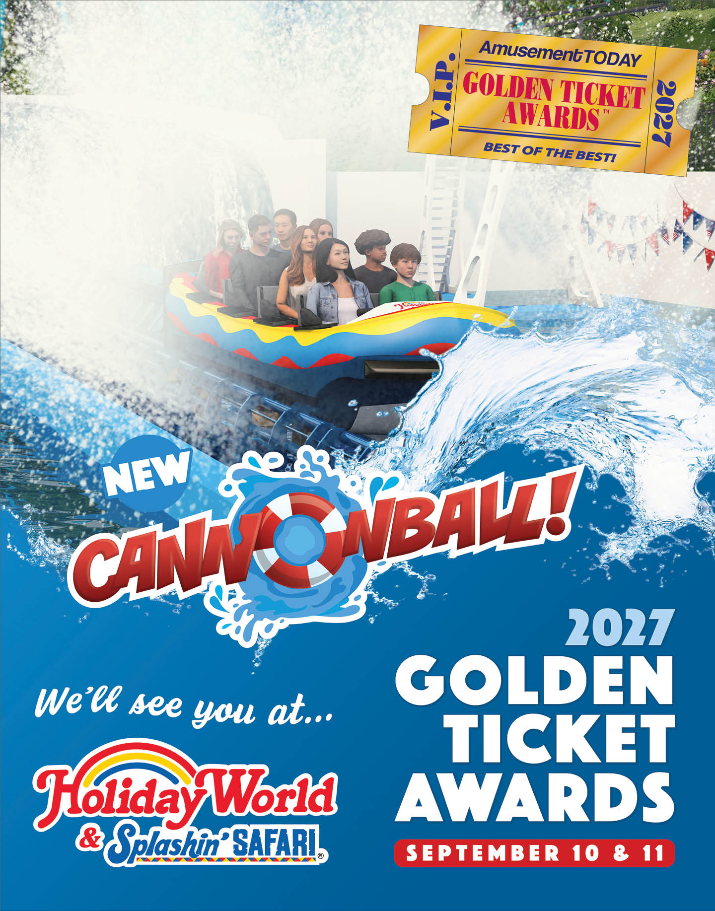 Adults and children ride a colorful water raft through splashing waves at an amusement park promoting the 2027 Golden Ticket Awards for Holiday World & Splashin' Safari. Description generated by AI