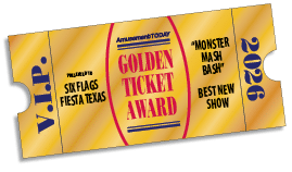 A golden ticket award styled VIP pass for Six Flags Fiesta Texas recognizing the “Monster Mash Bash" as the best new show in 2026. Description generated by AI