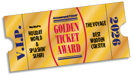 A golden ticket with text including VIP, Golden Ticket Award, Publisher's Pick, Turnstile Award, presented to Kentucky Kingdom, and the year 2026. Description generated by AI