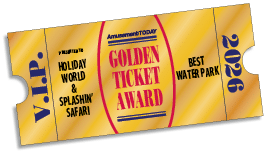 A golden ticket award styled like a VIP admission ticket for Holiday World & Splashin' Safari, recognizing it as the best water park in 2026. Description generated by AI