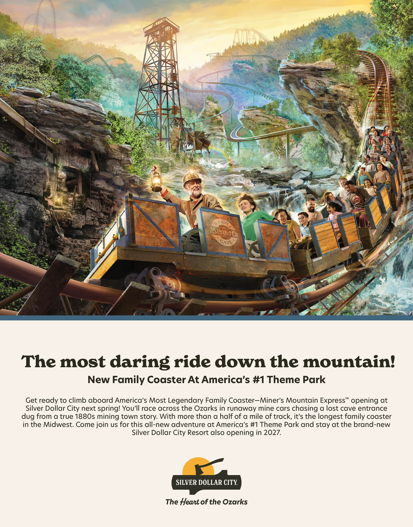 A group of people ride a wooden roller coaster through a lush mountainous landscape with rocky cliffs and a tall wooden tower in the background. Description generated by AI