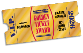 A golden ticket award for Dollywood presented by Amusement Today recognizing Big Bear Mountain as the best family coaster in 2026 with a VIP design on the left side. Description generated by AI