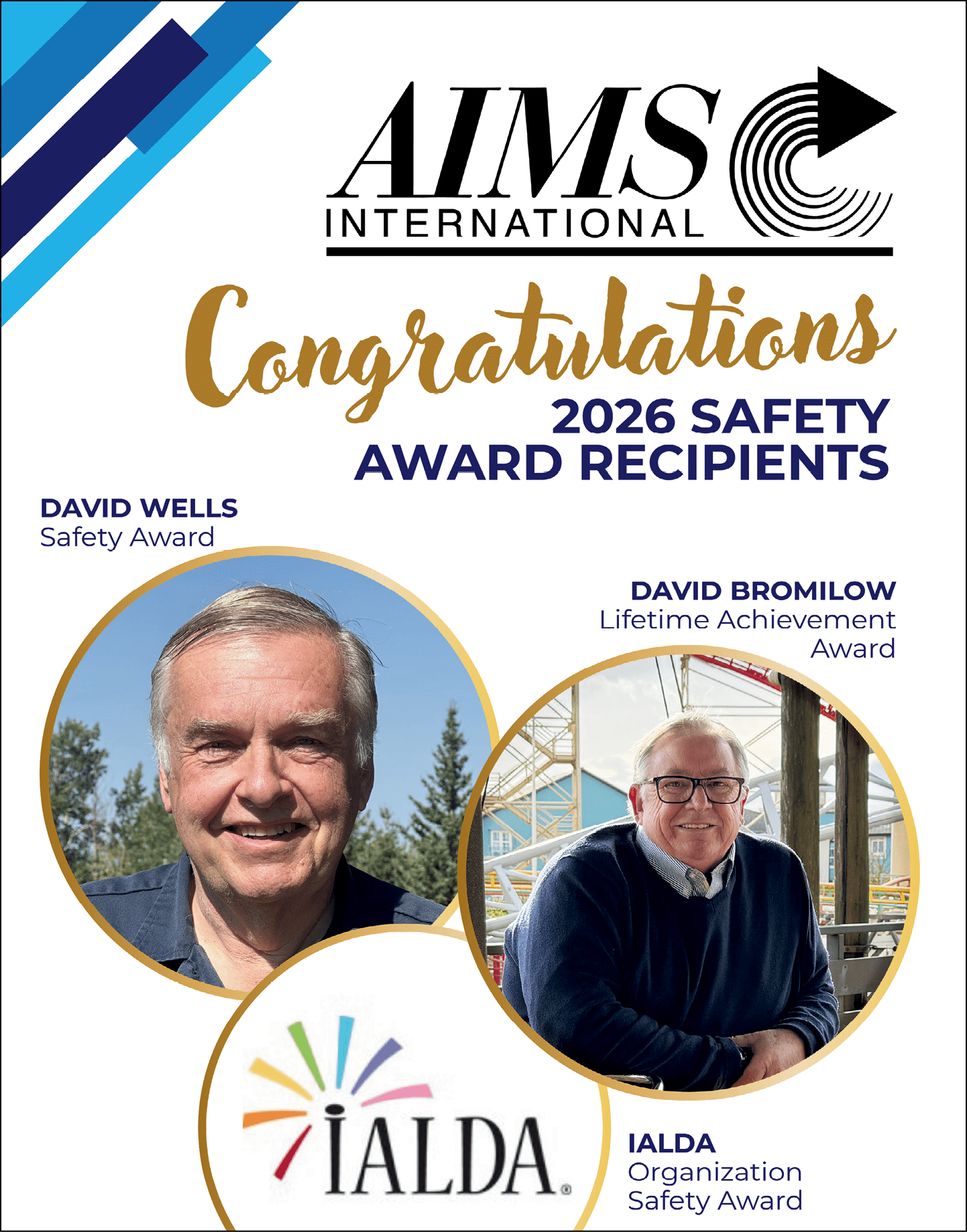 A congratulatory announcement from AIMS International for 2026 safety award recipients featuring portraits of two seniors named David Wells and David Bromilow with their respective awards and the IALDA logo. Description generated by AI