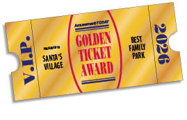 A golden ticket award with the text announcing the Golden Ticket Award presented to Santa's Village as the best family park for the year 2026. Description generated by AI