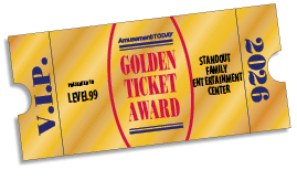 A golden ticket award with the text “Amusement TODAY Golden Ticket Award" presented to Level 99 for standout family entertainment center in 2026. Description generated by AI