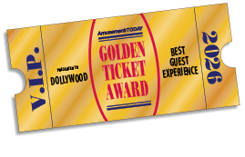 A gold-colored VIP ticket with text awarding the Golden Ticket Award for Best Guest Experience to Dollywood in 2026. Description generated by AI
