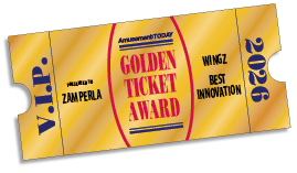 A golden ticket award with the text “Amusement Today Golden Ticket Award presented to Zamperla for Wingz Best Innovation 2026" in bold blue and red letters on a gold background. Description generated by AI