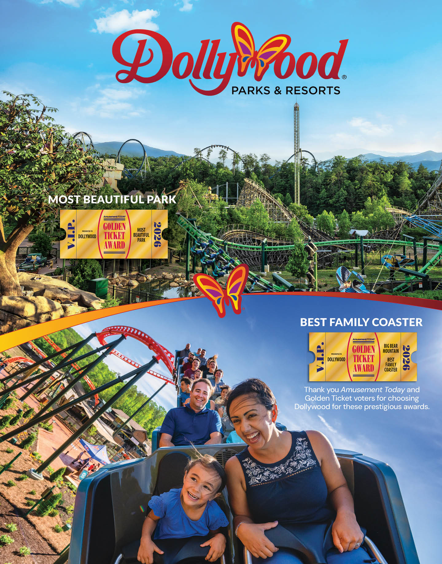 A group of people enjoy various roller coasters and rides at Dollywood theme park with scenic mountain and tree backgrounds. Description generated by AI