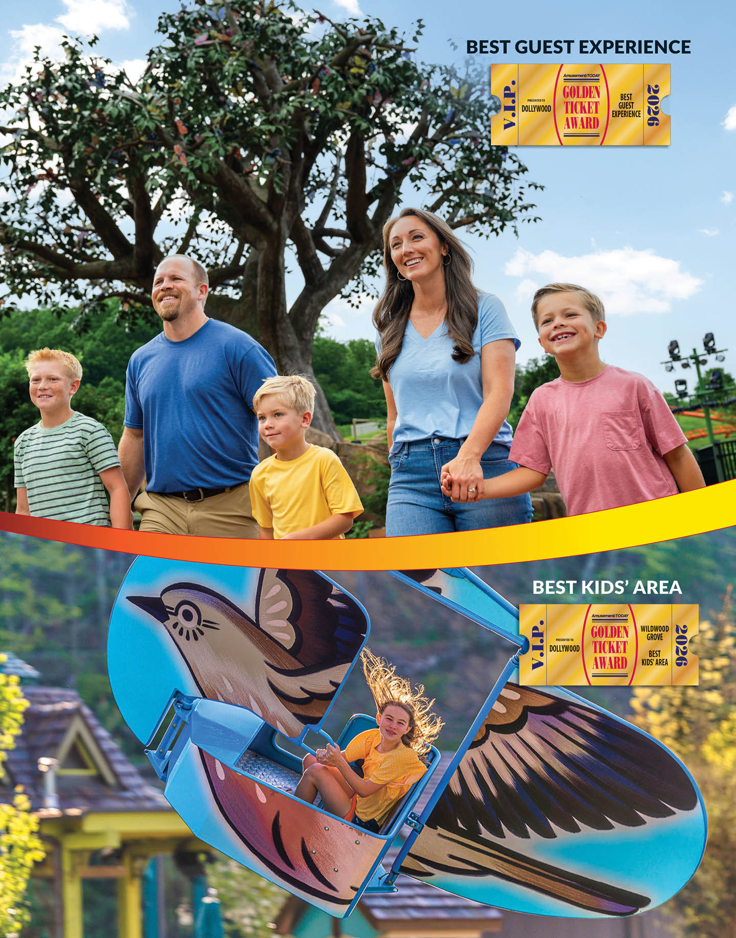 A group of people enjoy various roller coasters and rides at Dollywood theme park with scenic mountain and tree backgrounds. Description generated by AI