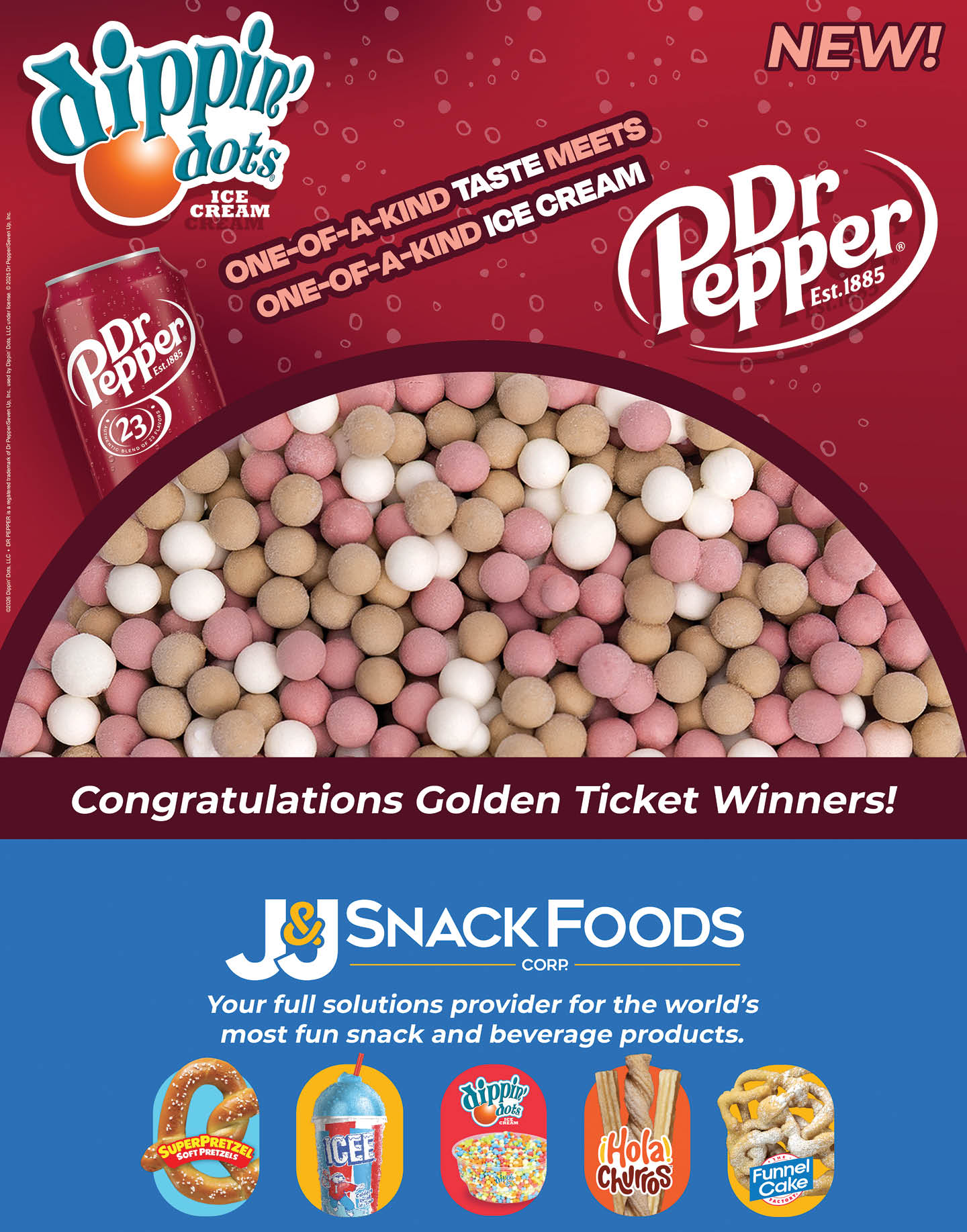Dippin' Dots Dr Pepper flavored ice cream advertisement featuring colorful ice cream dots and a congratulatory message for Golden Ticket winners. Description generated by AI