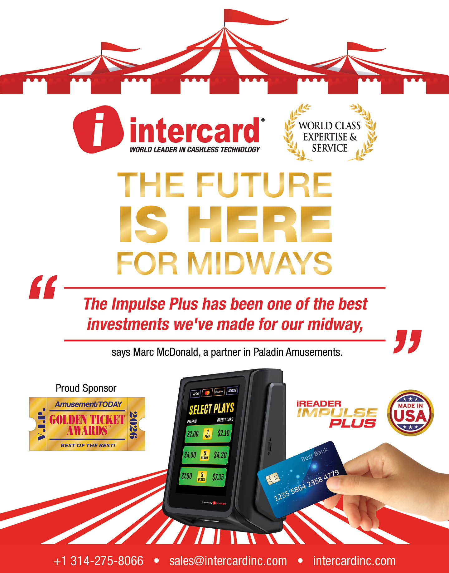 A promotional graphic for Intercard's Impulse Plus cashless technology device features a hand holding a credit card near the device, with text highlighting its benefits for midways and endorsements from a partner at Paladin Amusements. Description generated by AI