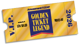 A golden ticket with a shiny gold background labeled “Golden Ticket Legend" presented to Len Soled for Rides 4U in 2026 with the text "v.i.p." on the left side. Description generated by AI