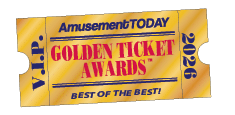 A golden ticket with bold red and blue text reading Amusement TODAY Golden Ticket Awards 2026 V.I.P. Best of the Best on a shiny gold background. Description generated by AI